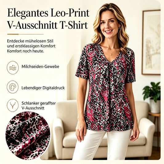 💥⌛Heißer Sale 2026: 50% Rabatt💞👚Damen-T-Shirt mit V-Ausschnitt, Leopardenmuster und kurzen Ärmeln – plissiertes Tunika-Oberteil