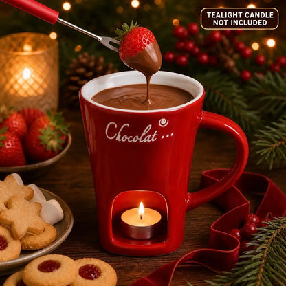 🎉🔥Über 88.000 verkauft!🍫Keramik Schoko-Fonduetasse mit Teelicht – Inkl. Fonduegabel, perfektes Weihnachtsgeschenk🎄