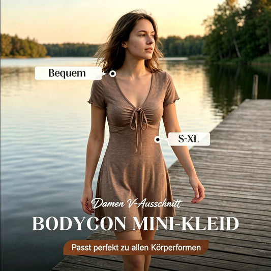 ⌛50% RABATT!👗Damen V-Ausschnitt Minikleid mit Brustkordel – Figurbetonter Bodycon-Schnitt, weicher Stoff für Dates, Partys & Sommerabende