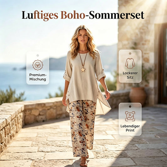 🔥Letzter Tag! 50% Rabatt NEU Damen 2-Teiler Baumwoll-Leinen Set✨Boho Blumenprint, locker & atmungsaktiv für Sommer & Urlaub