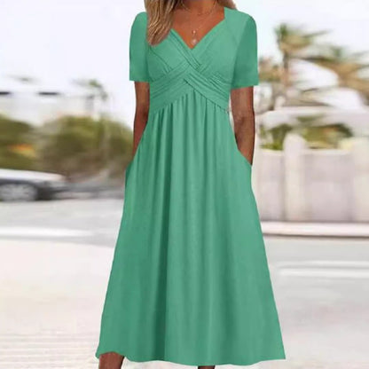🎁50% Rabatt! 👗Damen V-Ausschnitt Kurze Ärmel Lange Kleider – Bequem, atmungsaktiv & figurschmeichelnd für alle Körpertypen