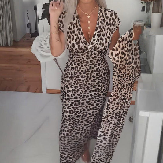 🔥Letzter Tag: 60% Rabatt! ⏰🐆Damenkleid mit V-Ausschnitt und Leopardenmuster🎁