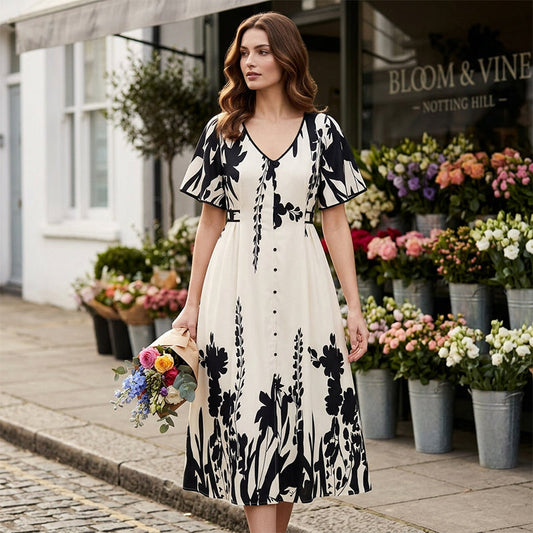 👗Jetzt 50% reduziert!🌸Damen-Midikleid mit botanischem Print – V-Ausschnitt, A-Linie und Volantärmel🌿