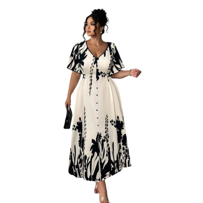 👗Jetzt 50% reduziert!🌸Damen-Midikleid mit botanischem Print – V-Ausschnitt, A-Linie und Volantärmel🌿