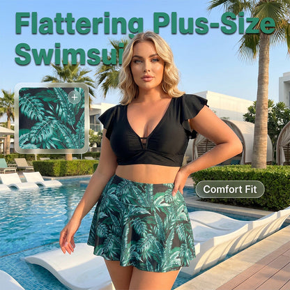 👙 Plus-Size Zweiteiler Swimdress ✨ Figurformender Bikini-Rock mit tropischem Print & Rüschenärmeln