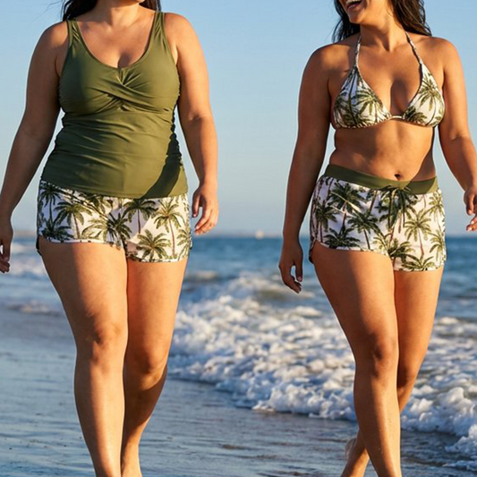 ⌛50 % RABATT FÜR BEGRENZTE ZEIT!👙Plus Size 3-teiliges Badeset – Tankini Top, Neckholder Bikini&Palmenprint Badeshorts, figurfreundlich für Strand&Pool