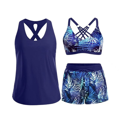⌛50 % RABATT FÜR BEGRENZTE ZEIT!👙Plus Size 3-teiliges Badeset – Tankini Top, Neckholder Bikini&Palmenprint Badeshorts, figurfreundlich für Strand&Pool