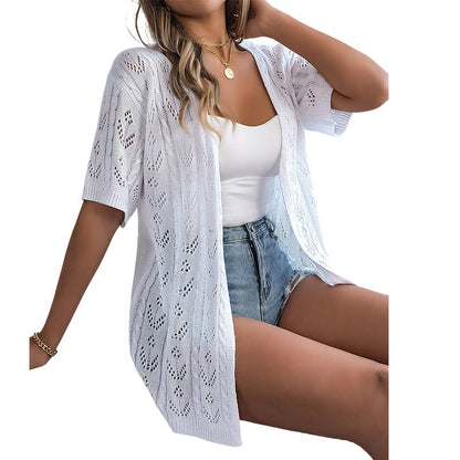 👚JETZT 50% RABATT!🌸Damen Kurzarm-Strickjacke mit Lochmuster – atmungsaktives Pointelle, leicht & vielseitig, offene Vorderseite – Sommer-Essential☀️