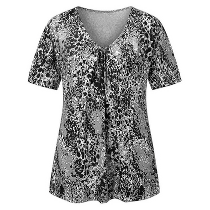 💥⌛Heißer Sale 2026: 50% Rabatt💞👚Damen-T-Shirt mit V-Ausschnitt, Leopardenmuster und kurzen Ärmeln – plissiertes Tunika-Oberteil