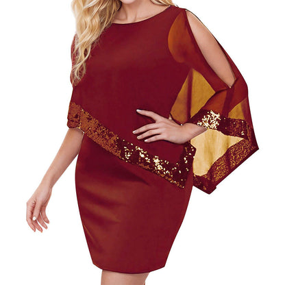 🎁50% Rabatt!👗Damen Kleid mit unregelmäßigem Pailletten-Patchwork und Cold-Shoulder-Design
