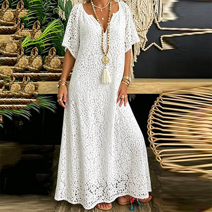 💥💥Sommer-Schlussverkauf: 50% Rabatt!👗🎁Maxikleid mit V-Ausschnitt & Spitzenhäkelei