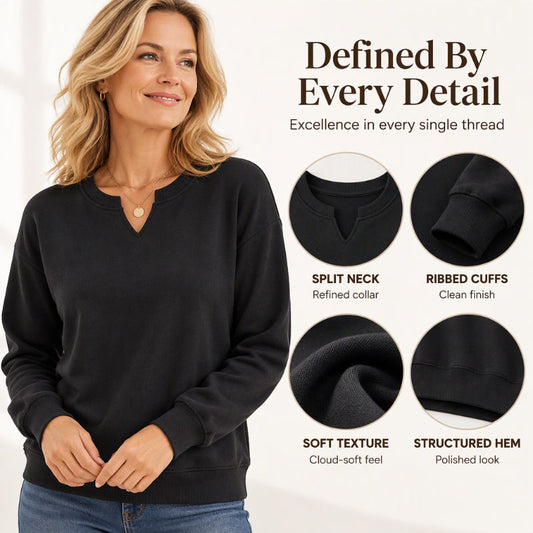 🎉🔥Über 48.000 verkauft!🎁💖Damen Sweatshirt mit geschlitztem V-Ausschnitt – Weiches, bequemes Basic für jeden Tag